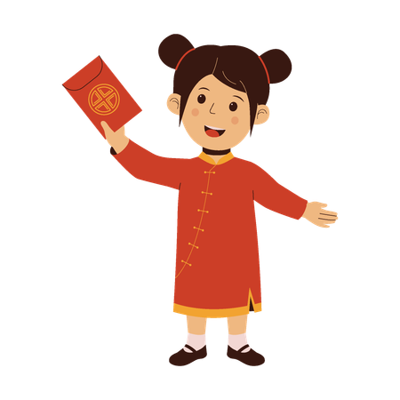 Menina chinesa fofa segurando um envelope vermelho Angpao  Ilustração