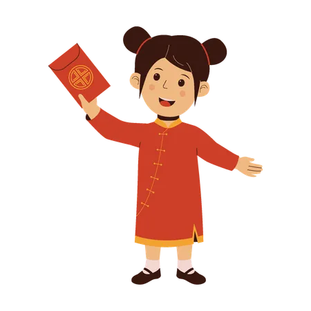 Menina chinesa fofa segurando um envelope vermelho Angpao  Ilustração