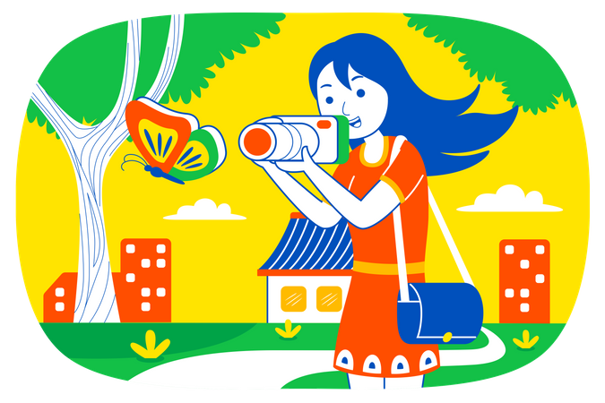 Menina clicando na foto da borboleta  Illustration