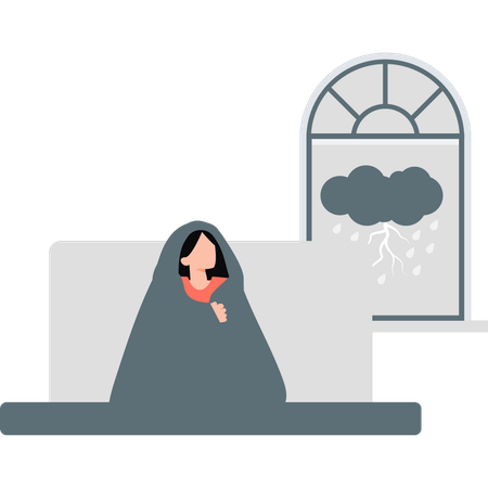 Menina se cobriu com cobertor na estação das chuvas  Ilustração