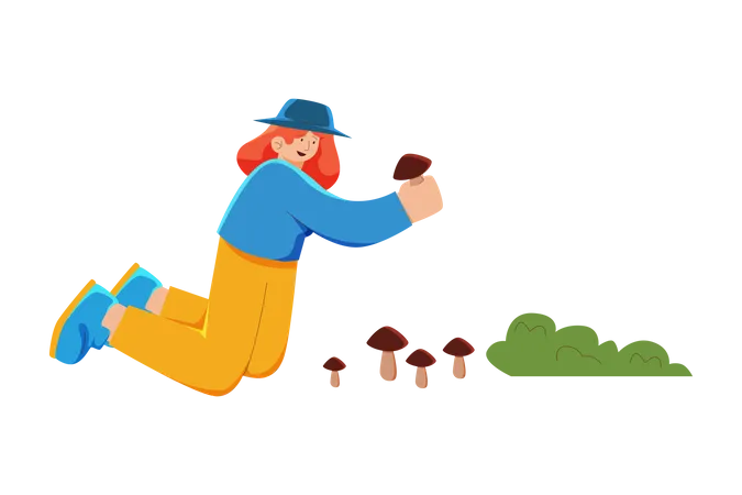 Menina coletando cogumelos  Ilustração