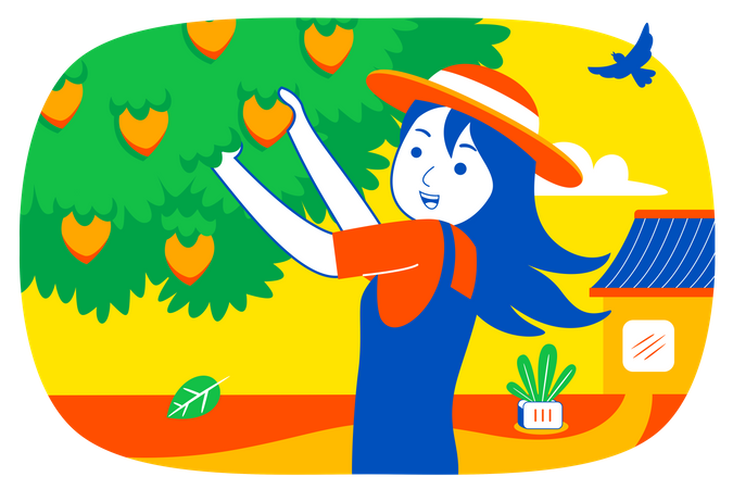 Menina coletando frutas da árvore  Ilustração