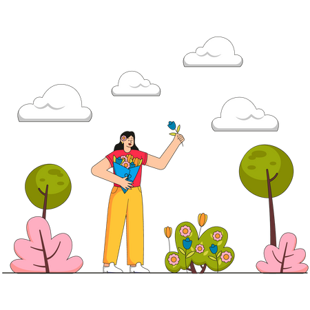 Menina colhendo flores no jardim  Ilustração
