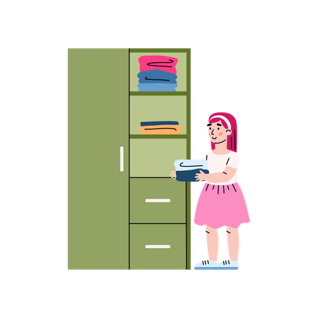 Menina colocando roupas no guarda-roupa  Ilustração