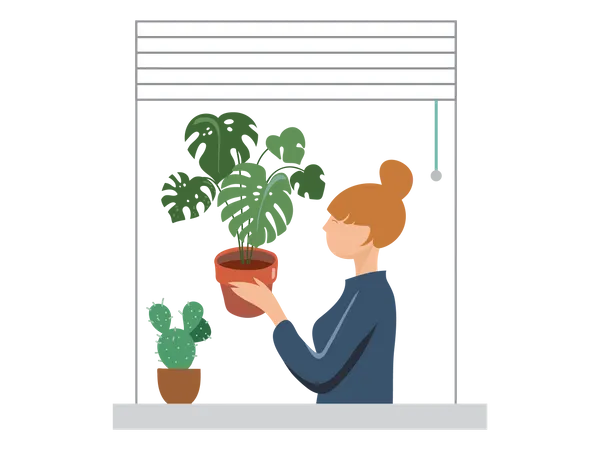 Menina colocando vaso de planta na janela  Ilustração
