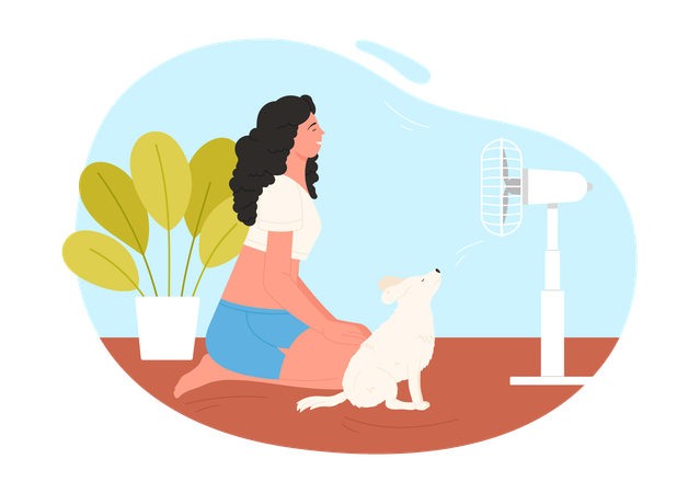 Menina com animal de estimação esfriando no ventilador elétrico  Ilustração