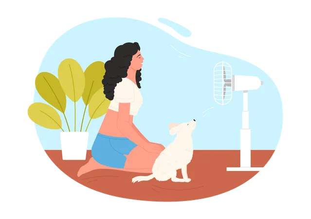 Menina com animal de estimação esfriando no ventilador elétrico  Ilustração