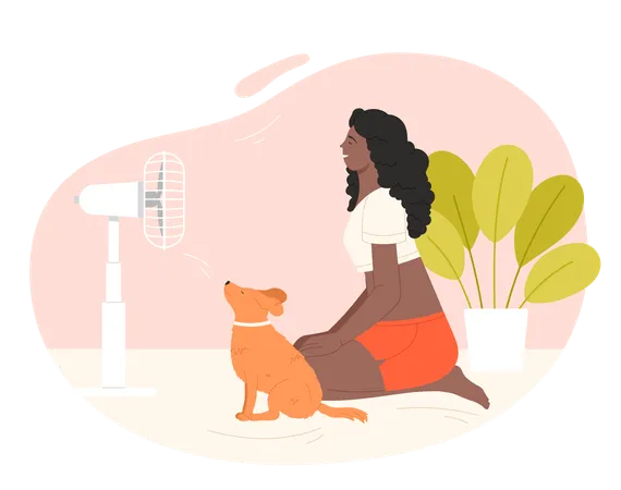 Menina com animal de estimação esfriando no ventilador elétrico soprando  Ilustração