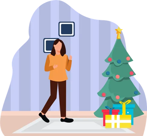 Menina com árvore de Natal  Ilustração