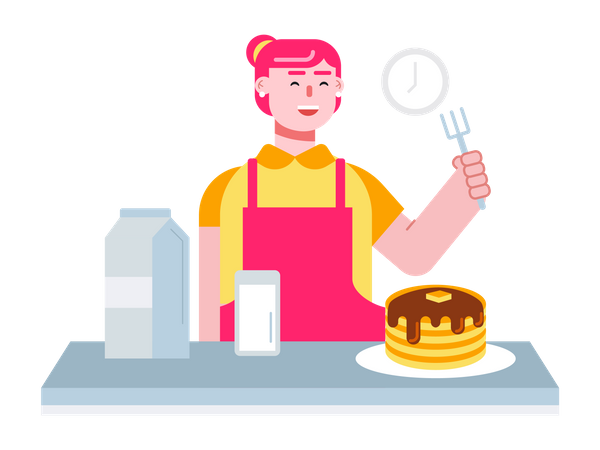 Chef caseiro fazendo panquecas no café da manhã  Ilustração