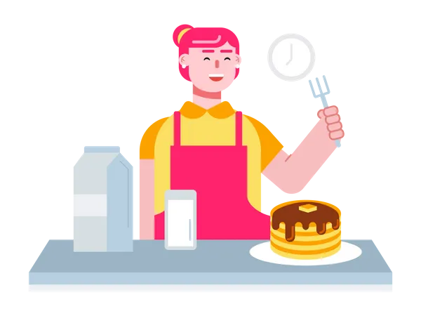 Chef caseiro fazendo panquecas no café da manhã  Ilustração