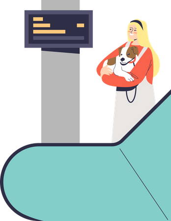 Menina com cachorro na escada rolante  Ilustração