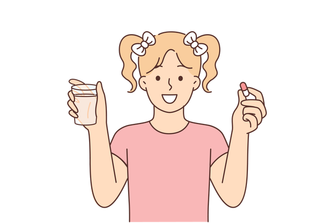 Menina com pílula e copo de água sorri  Ilustração