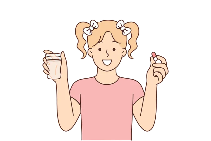 Menina com pílula e copo de água sorri  Ilustração