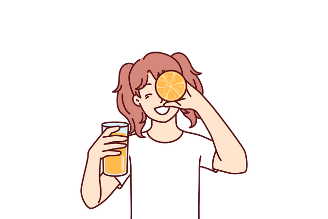 Menina com copo de suco de laranja nas mãos sorrindo segurando metade das frutas cítricas perto do rosto  Illustration