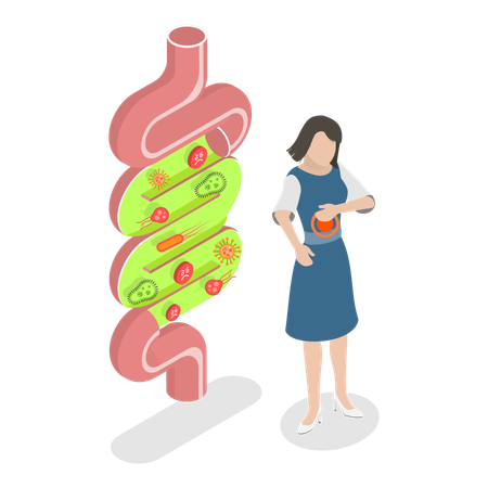 Menina com dor de estômago devido a bactérias intestinais ruins  Ilustração