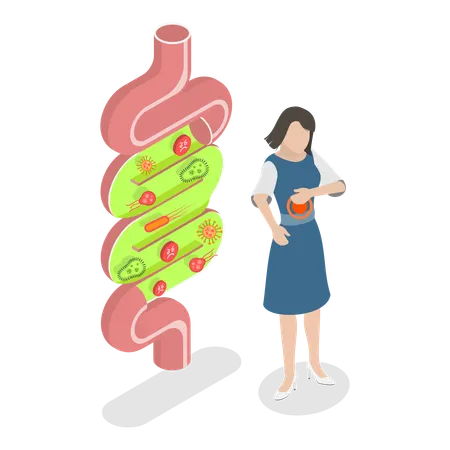 Menina com dor de estômago devido a bactérias intestinais ruins  Ilustração