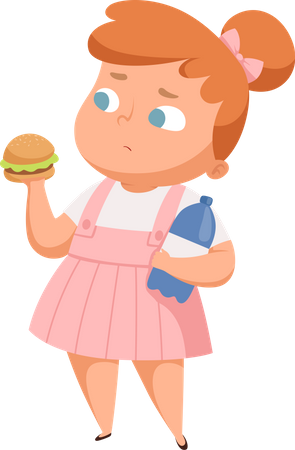Garota com excesso de peso comendo hambúrguer  Ilustração