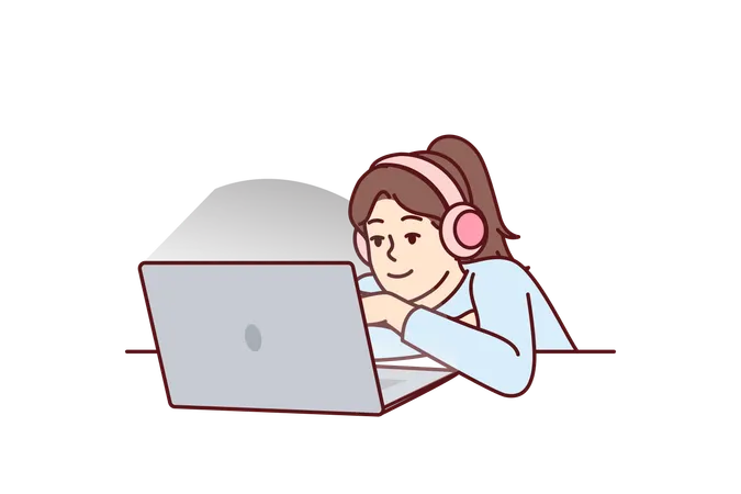 Menina em fones de ouvido usa laptop assistindo séries infantis  Ilustração