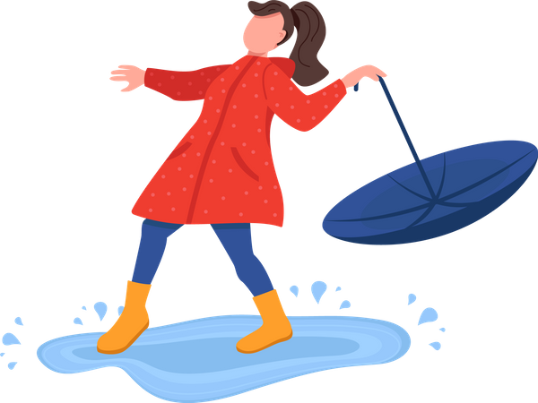 Menina com guarda-chuva brincando em uma poça  Ilustração