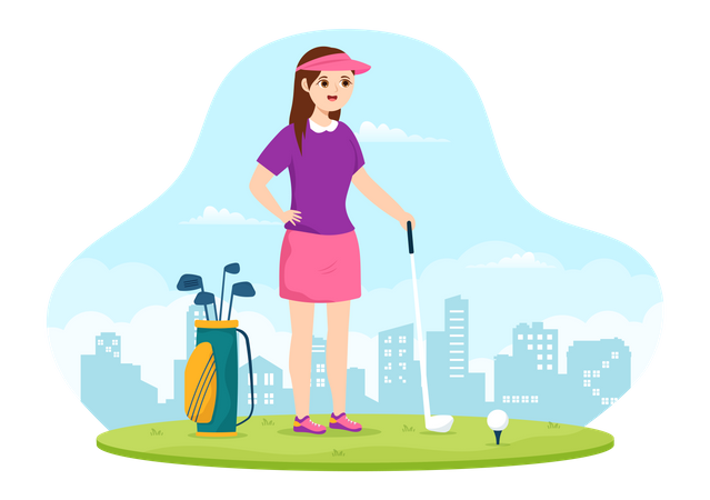 Garota com kit de golfe  Ilustração