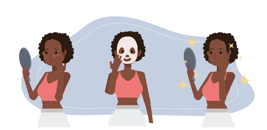 Conceito De Acne Espinhas Problemas De Pele Mulher Afro Americana Esta Preocupada Com O Fato De Seu Rosto Ficar Com Acne Folha De Marca Melhorando Vetor Plano Ilustração