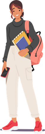 Menina com mochila e livros retrata uma estudante entusiasmada a caminho da escola  Ilustração