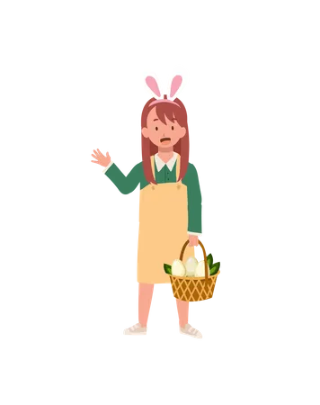 Menina com orelhas de coelho totalmente cesta de caçar um ovo de páscoa  Ilustração
