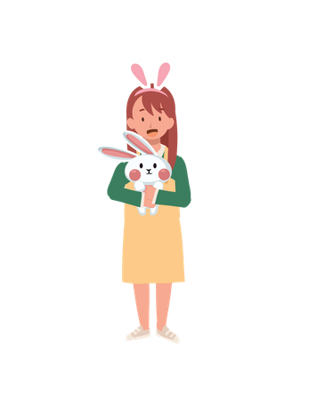 Menina com orelhas de coelho está segurando abraçando um coelhinho adorável  Ilustração