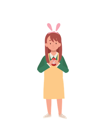 Menina com orelhas de coelho está segurando um ovo de Páscoa  Ilustração