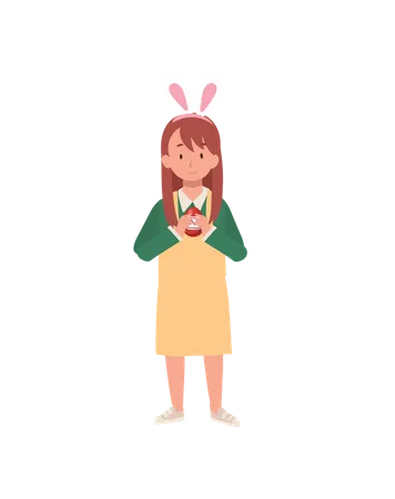 Menina com orelhas de coelho está segurando um ovo de Páscoa  Ilustração