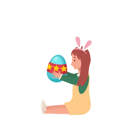Menina com orelhas de coelho está sentada e segurando um grande ovo de páscoa  Ilustração