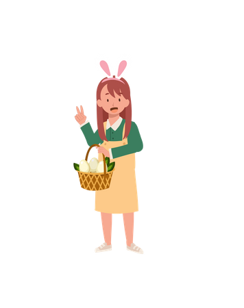 Menina com orelhas de coelho mostrando totalmente a cesta de caçar um ovo de páscoa  Ilustração