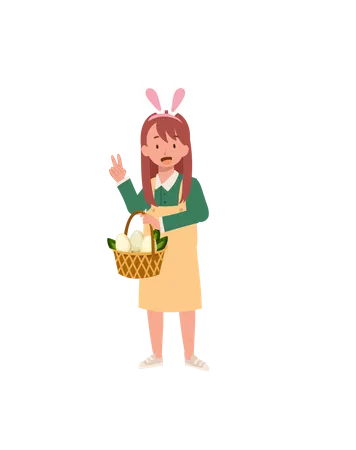 Menina com orelhas de coelho mostrando totalmente a cesta de caçar um ovo de páscoa  Ilustração
