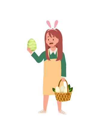 Menina com orelhas de coelho segurando um ovo de páscoa e uma cesta na outra mão  Ilustração