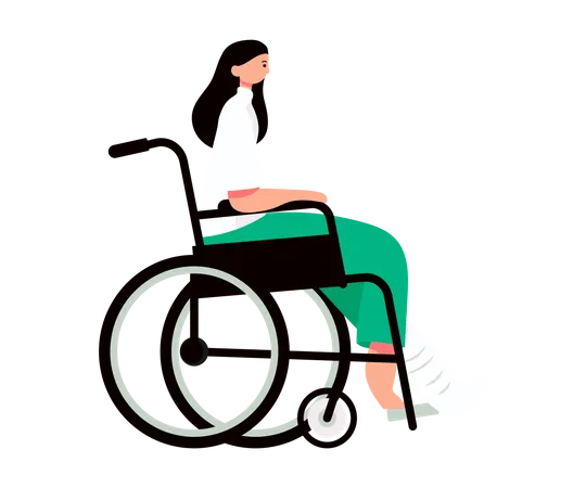 Menina com perna fraturada sentada em cadeira de rodas  Ilustração