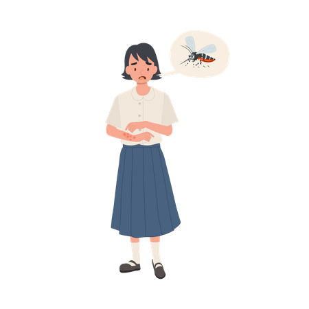 Menina com picadas de mosquito coçando a pele no verão  Ilustração