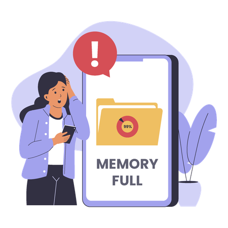 Garota com problema de espaço cheio de memória no celular  Ilustração