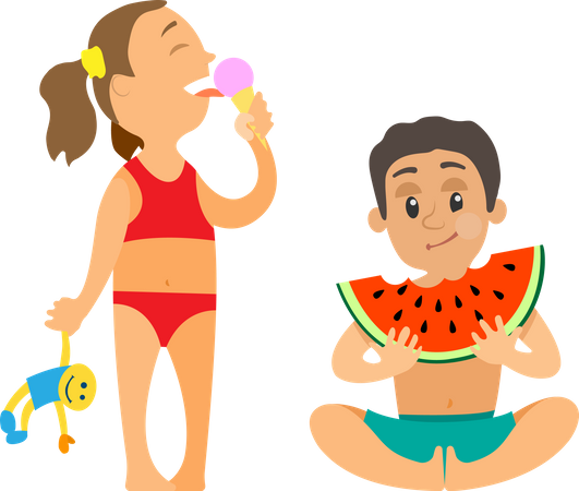 Menina com sorvete e boneca e menino com melancia  Ilustração