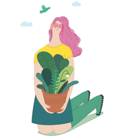 Menina com vaso de planta  Ilustração