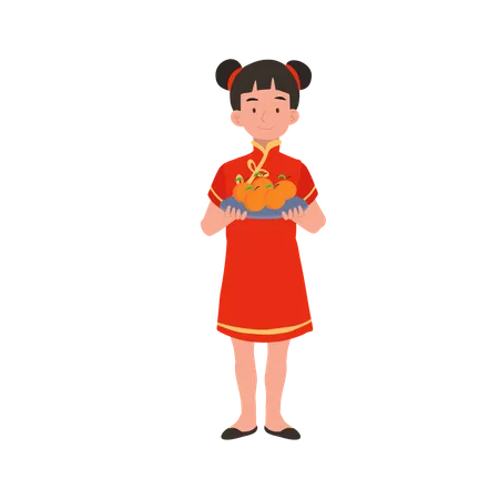 Garota com vestido tradicional chinês segurando uma cesta de laranjas  Ilustração
