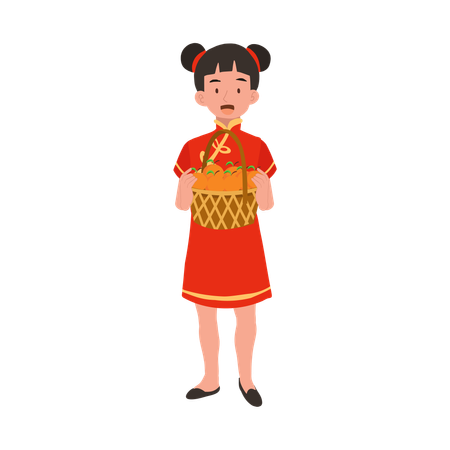 Garota com vestido tradicional chinês segurando uma cesta de laranjas  Ilustração