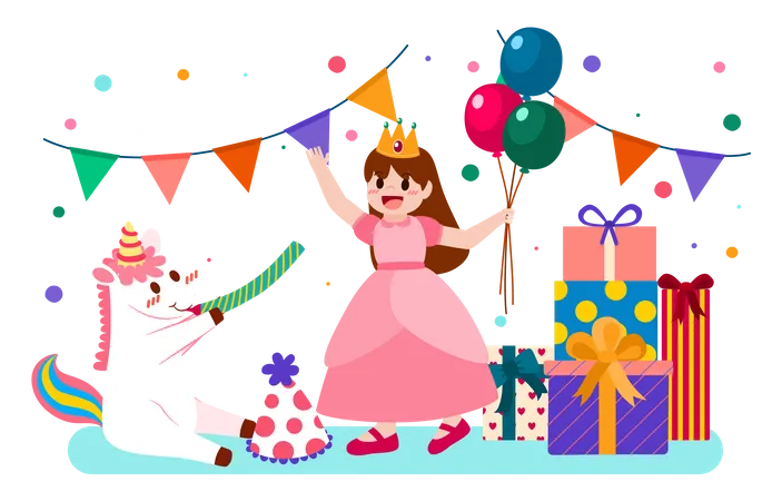 Menina comemorando aniversário com bolo e presentes  Ilustração