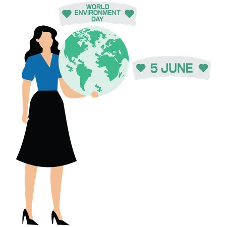 Menina comemorando o Dia Mundial do Meio Ambiente em 5 de junho  Ilustração