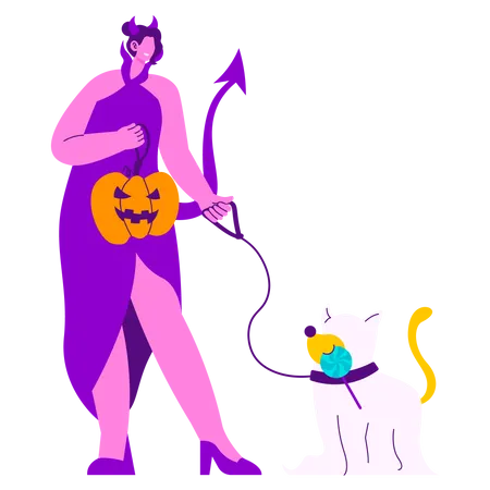 Garota comemorando o Halloween com animal de estimação  Ilustração
