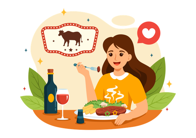 Menina comendo carne  Ilustração