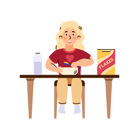 Menina comendo cereal no café da manhã  Ilustração