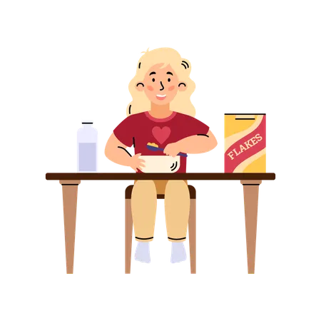 Menina comendo cereal no café da manhã  Ilustração