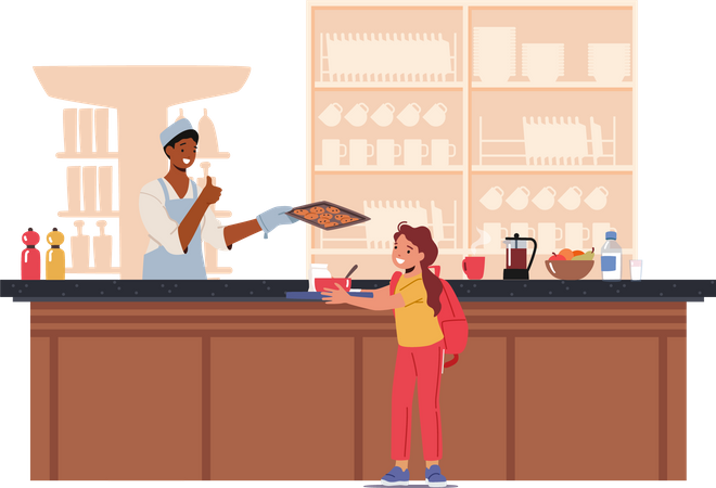Menina comendo refeição na cantina da escola  Ilustração