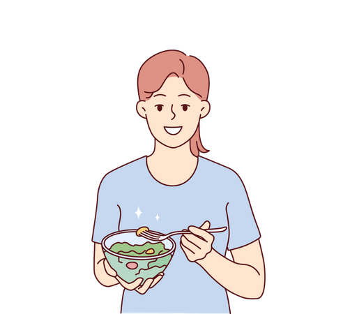 Menina comendo tigela de legumes  Ilustração